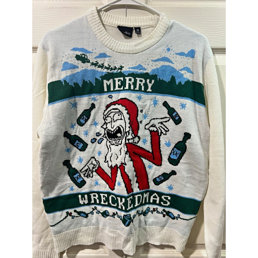 Rick and Morty Merry Wreckedmas Rick Sanchez Cream Crewneck Sweater Mens M